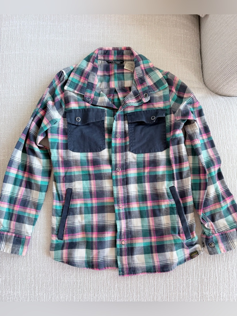 L.L. Bean Navy and Pink Plaid Shirt with Teal and Pink Accents snap buttons 6X/7